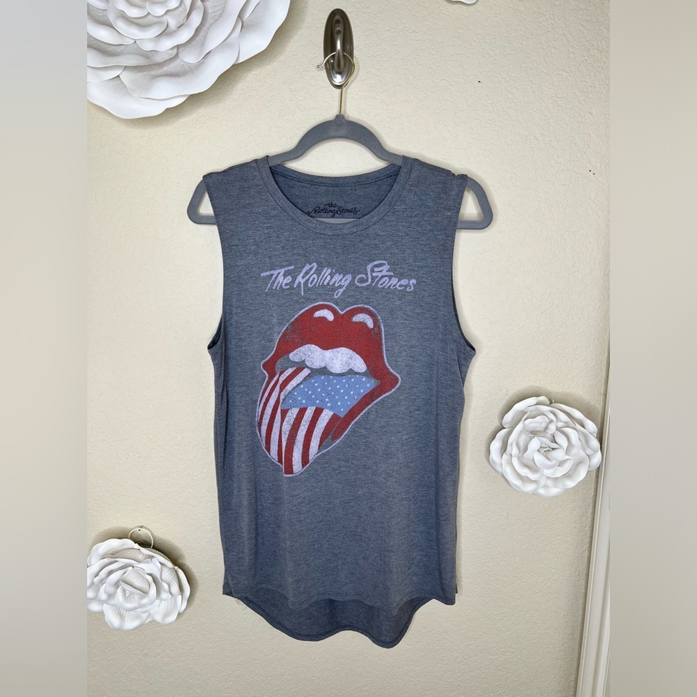 NTM: The Rolling Stones Red, White & Blue Lips Graphic Gray Muscle Tank Top Sz L